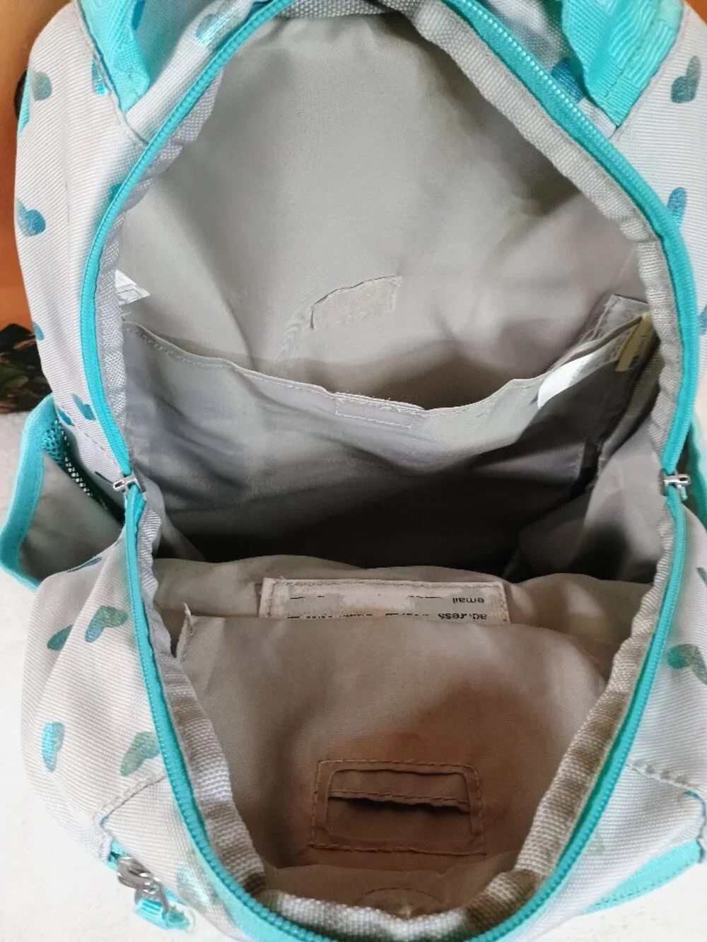 VGUC Kids Pottery Barn Aqua & Gray Glitter Heart Backpack School Bookbag